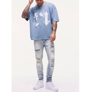 boohooMAN‎ Men's Antique Blue Skinny Stretch PU Biker Rip Repair Jeans NWT 34R